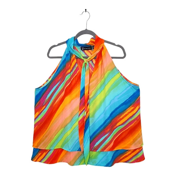 New York & Company  Tiered Halterneck Blouse Watercolor Print Size XL - Picture 3 of 6